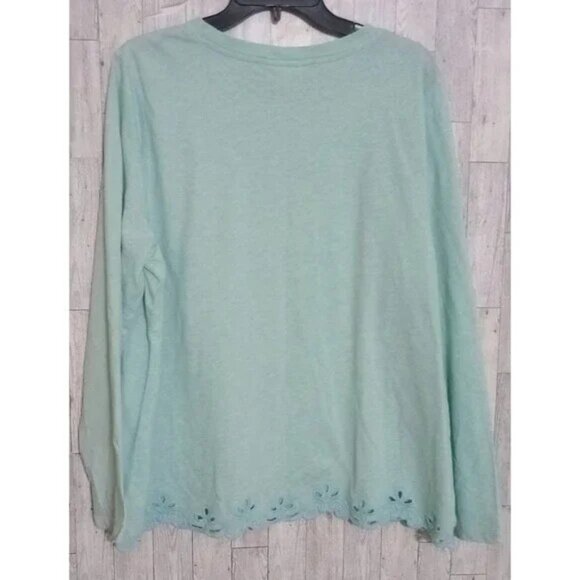 J.Jill Top Pullover Cutout Eyelet Hem Long Sleeve Light Green Women's Size XL - Picture 2 of 2